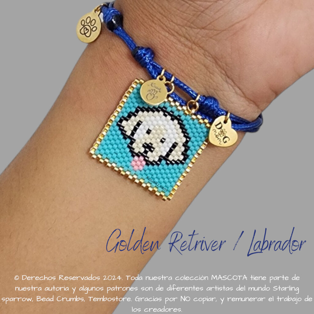 Pulsera artesanal de miyuki hecha en México con imagen de perro Golden Retriver