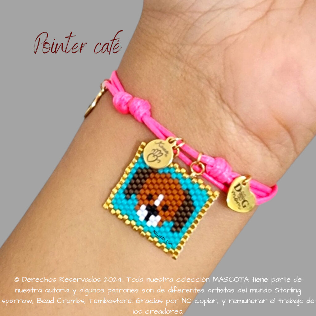 Pulsera artesanal de miyuki hecha en México con imagen de perro pointer café