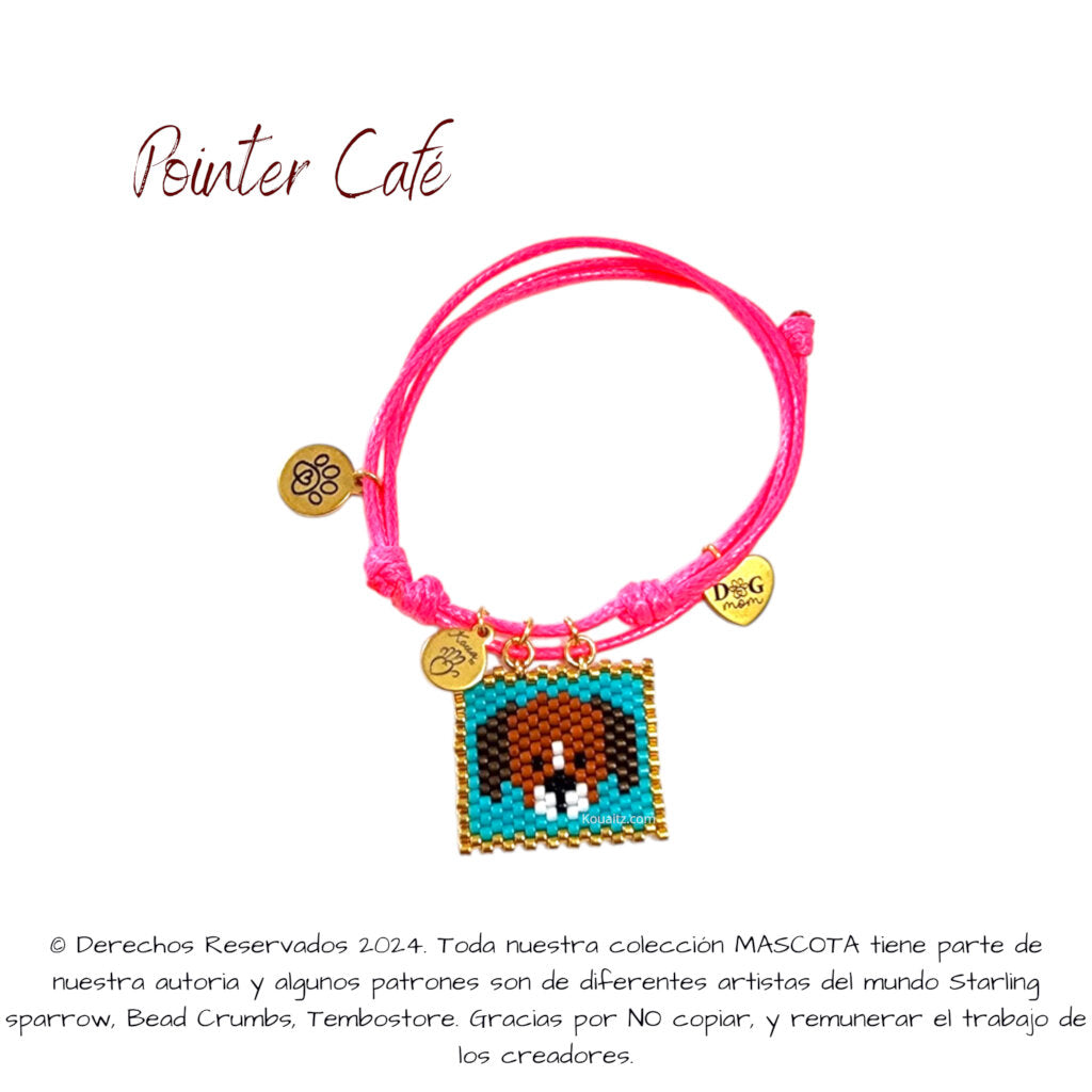 Pulsera artesanal de miyuki hecha en México con imagen de perro pointer café
