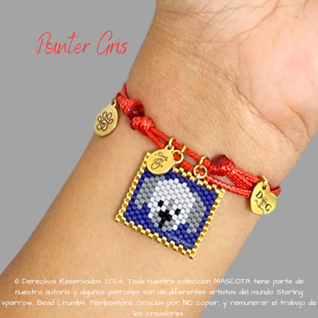 Pulsera artesanal de miyuki hecha en México con imagen de perro pointer gris