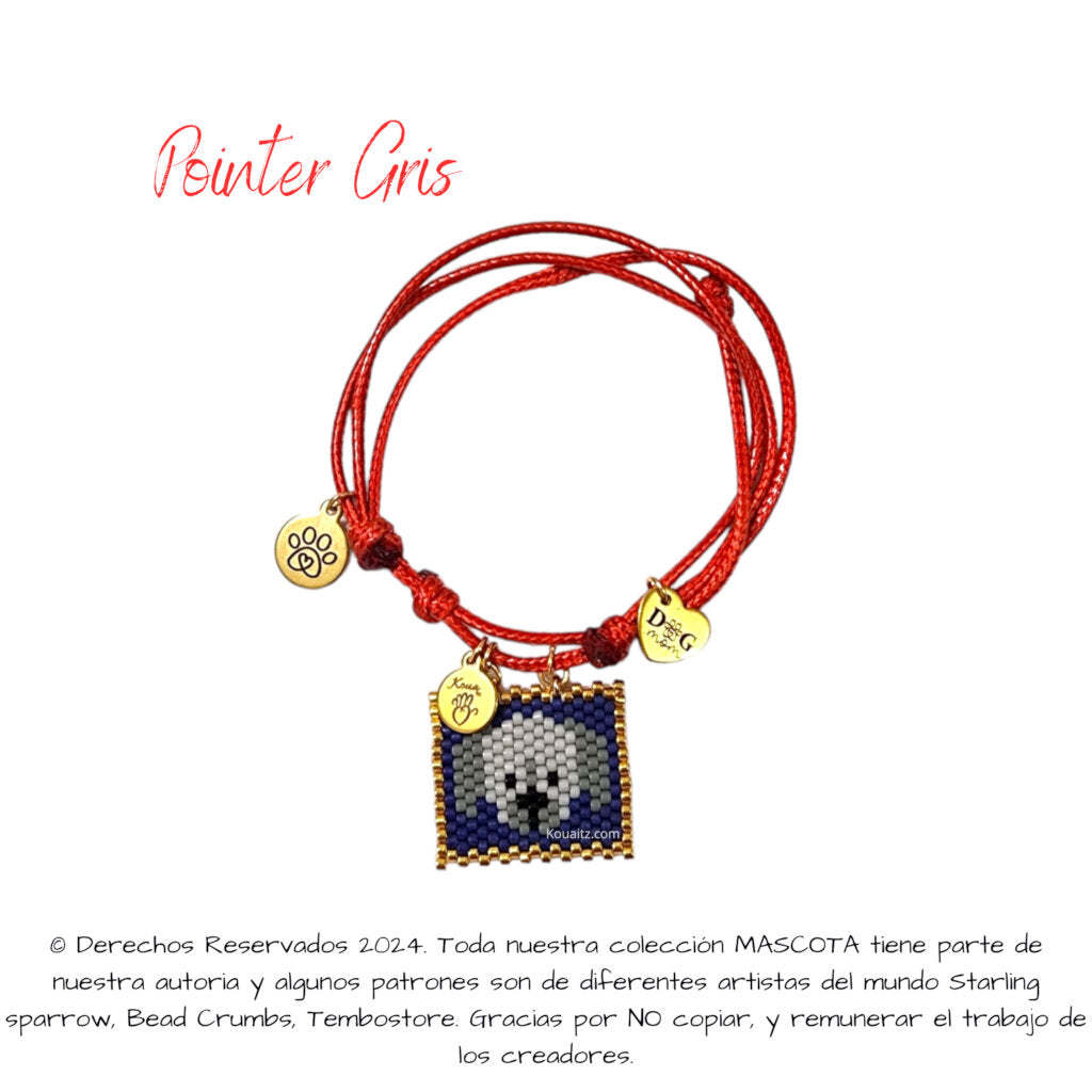 Pulsera artesanal de miyuki hecha en México con imagen de perro pointer gris