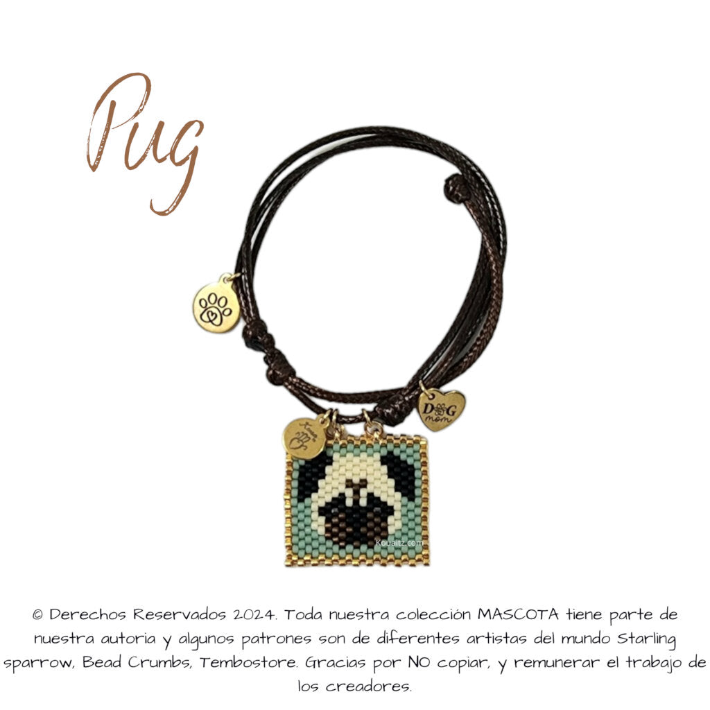 Pulsera artesanal de miyuki hecha en México con imagen de perro pug