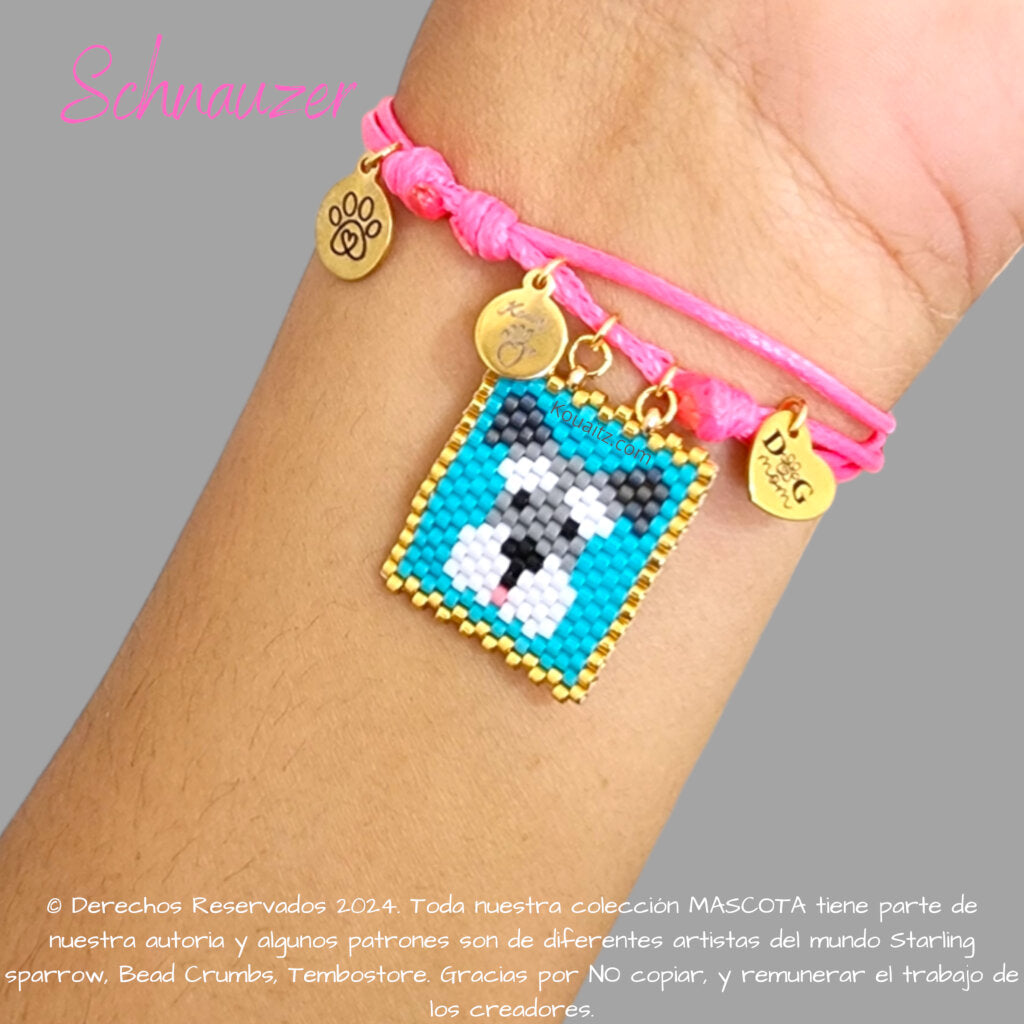 Pulsera artesanal de miyuki hecha en México con imagen de perro Schnauzer