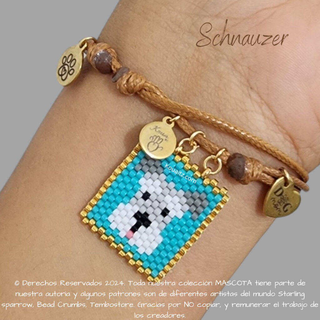 Pulsera artesanal de miyuki hecha en México con imagen de perro Schnauzer