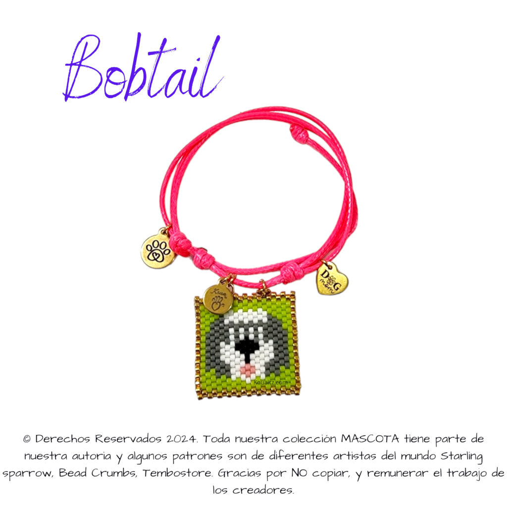 Pulsera artesanal de miyuki hecha en México con imagen de perro bobtail 