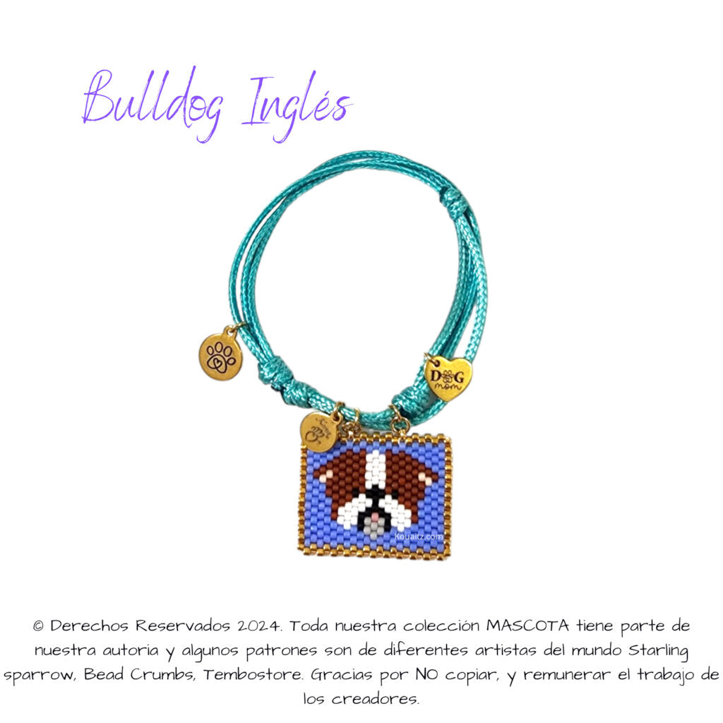 Pulsera artesanal de miyuki hecha en México con imagen de perro Bulldog ingles 