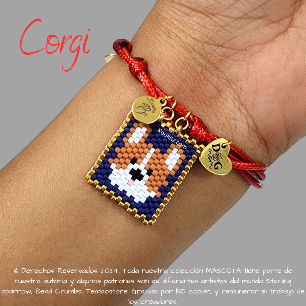 Pulsera artesanal de miyuki hecha en México con imagen de perro Corgi