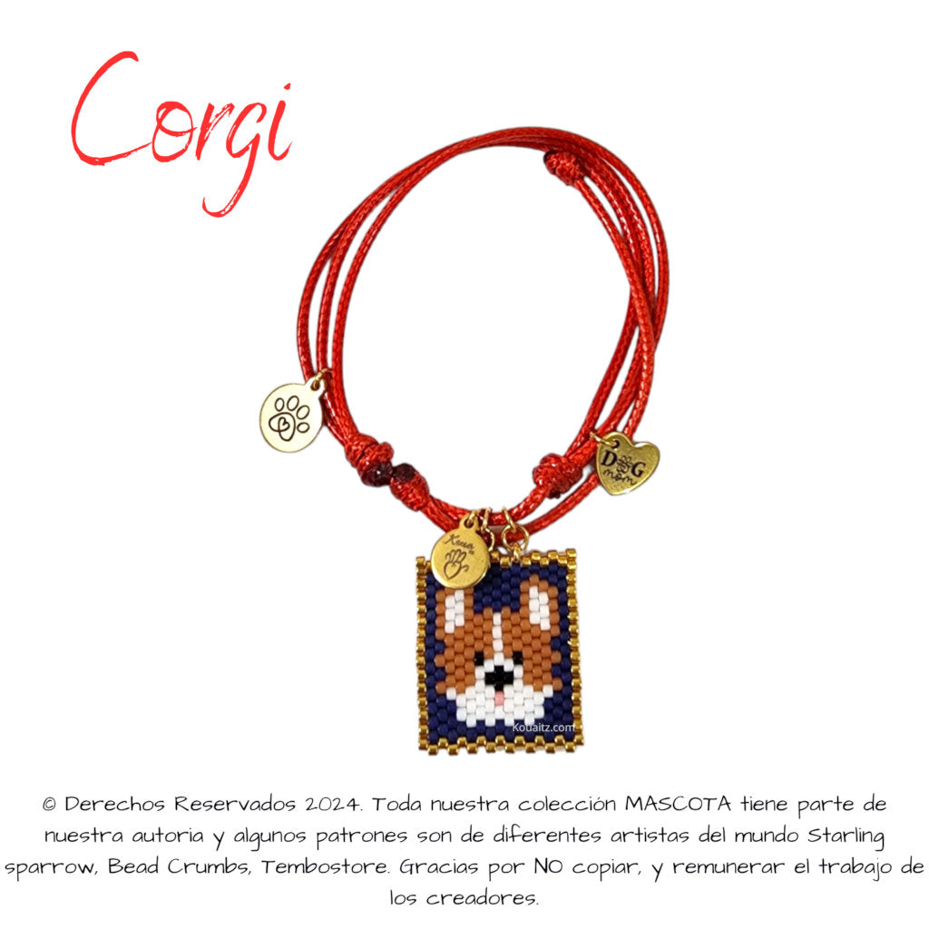 Pulsera artesanal de miyuki hecha en México con imagen de perro Corgi