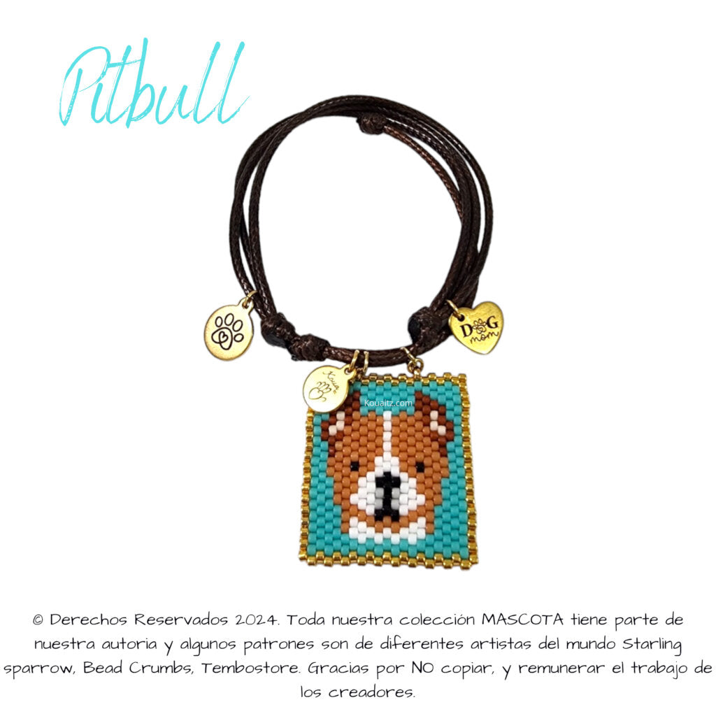 Pulsera artesanal de miyuki hecha en México con imagen de perro Pitbull 