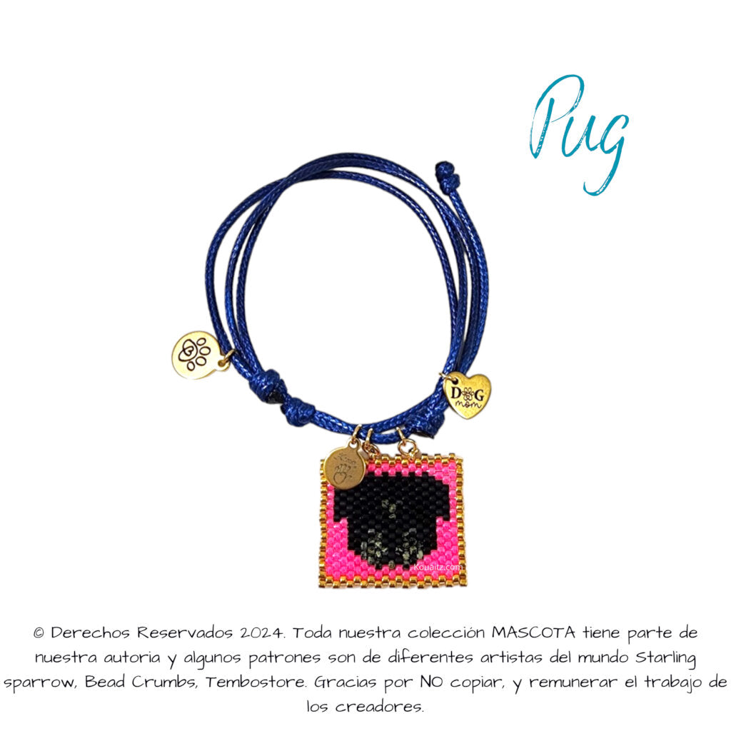 Pulsera artesanal de miyuki hecha en México con imagen de perro pug