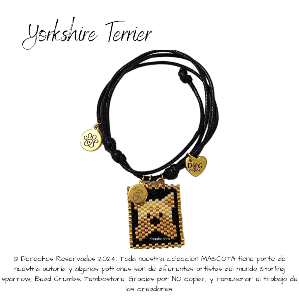 Pulsera artesanal de miyuki hecha en México con imagen de perro Yorkshire Terrier