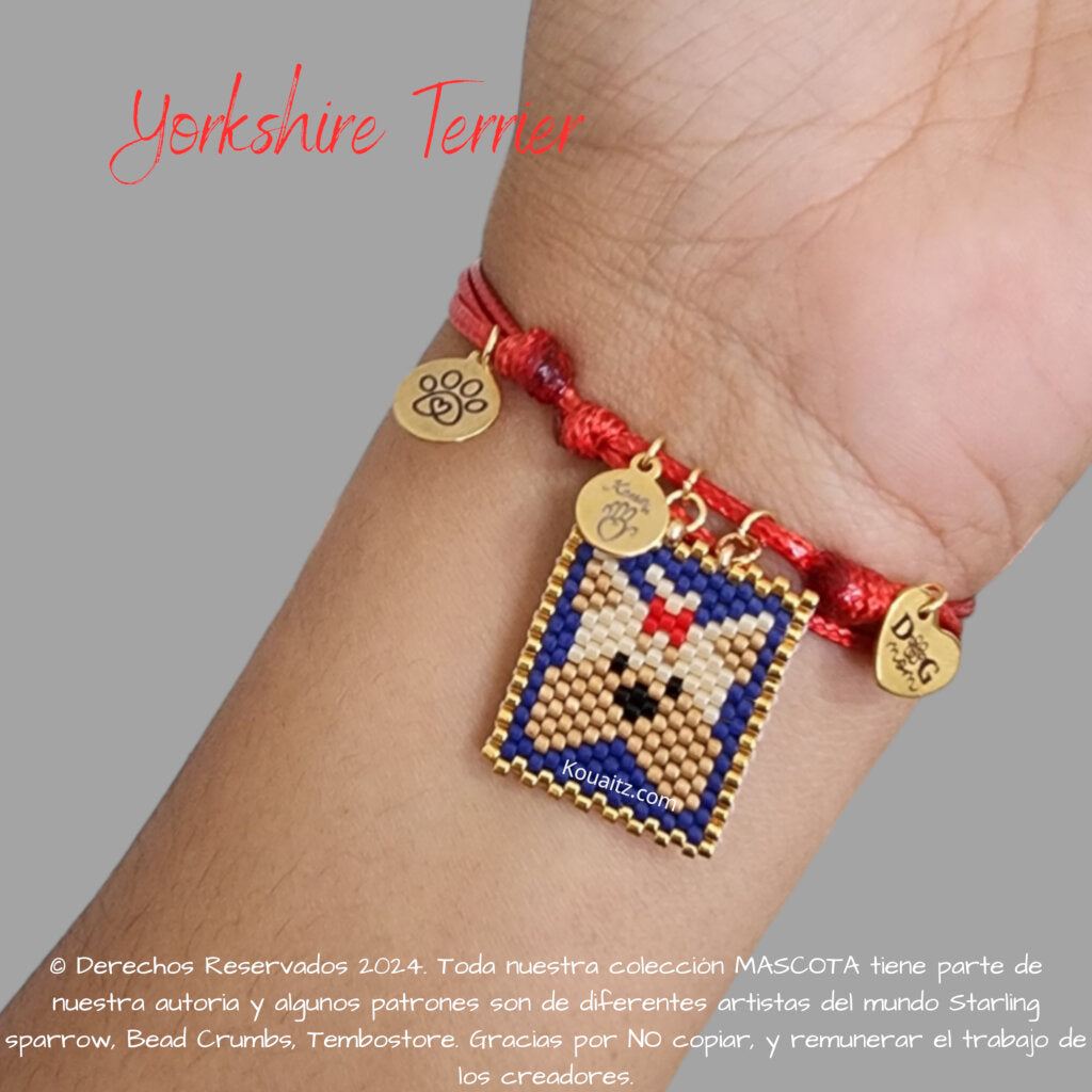 Pulsera artesanal de miyuki hecha en México con imagen de perro Yorkshire terrier