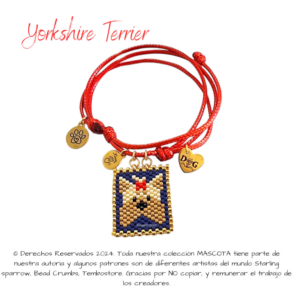 Pulsera artesanal de miyuki hecha en México con imagen de perro Yorkshire terrier